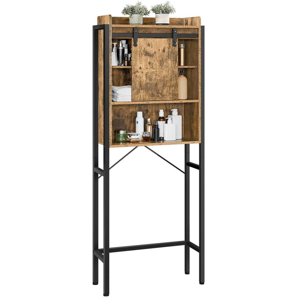 Yaheetech Industrial Style Over-The-Toilet Storage Cabinet with Cupboard and Open Shelves, Rustic Brown