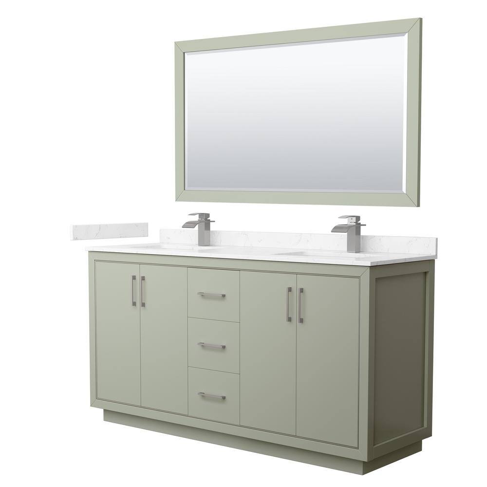 Wyndham Collection 66 in. W x 22 in. D x 35 in. H Double Bath Vanity in Light Green with Carrara Cultured Marble Top and 58 in. Mirror WCF111166DLGC2UNSM58