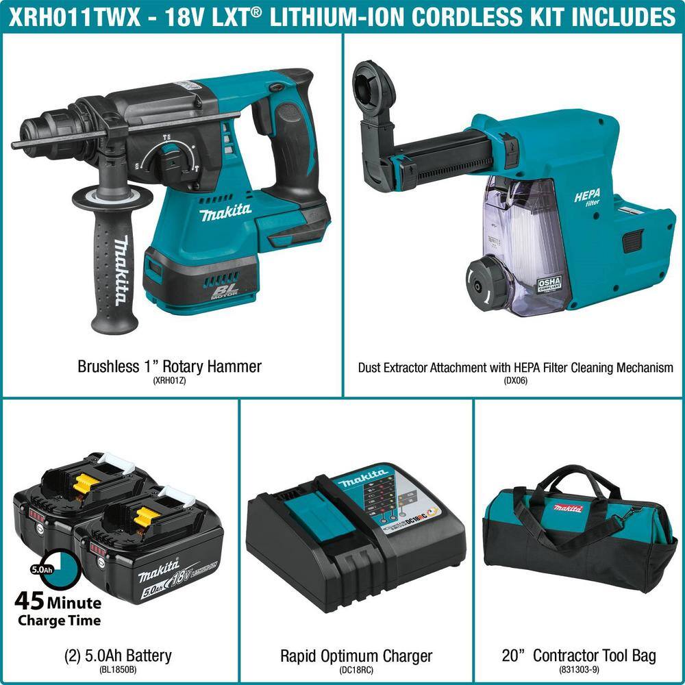 Makita 18V 5.0 Ah LXT Lithium-Ion Brushless 1 in. Cordless Rotary Hammer Kit Accepts SDS-PLUS HEPA Dust Extractor Attachment XRH011TWX