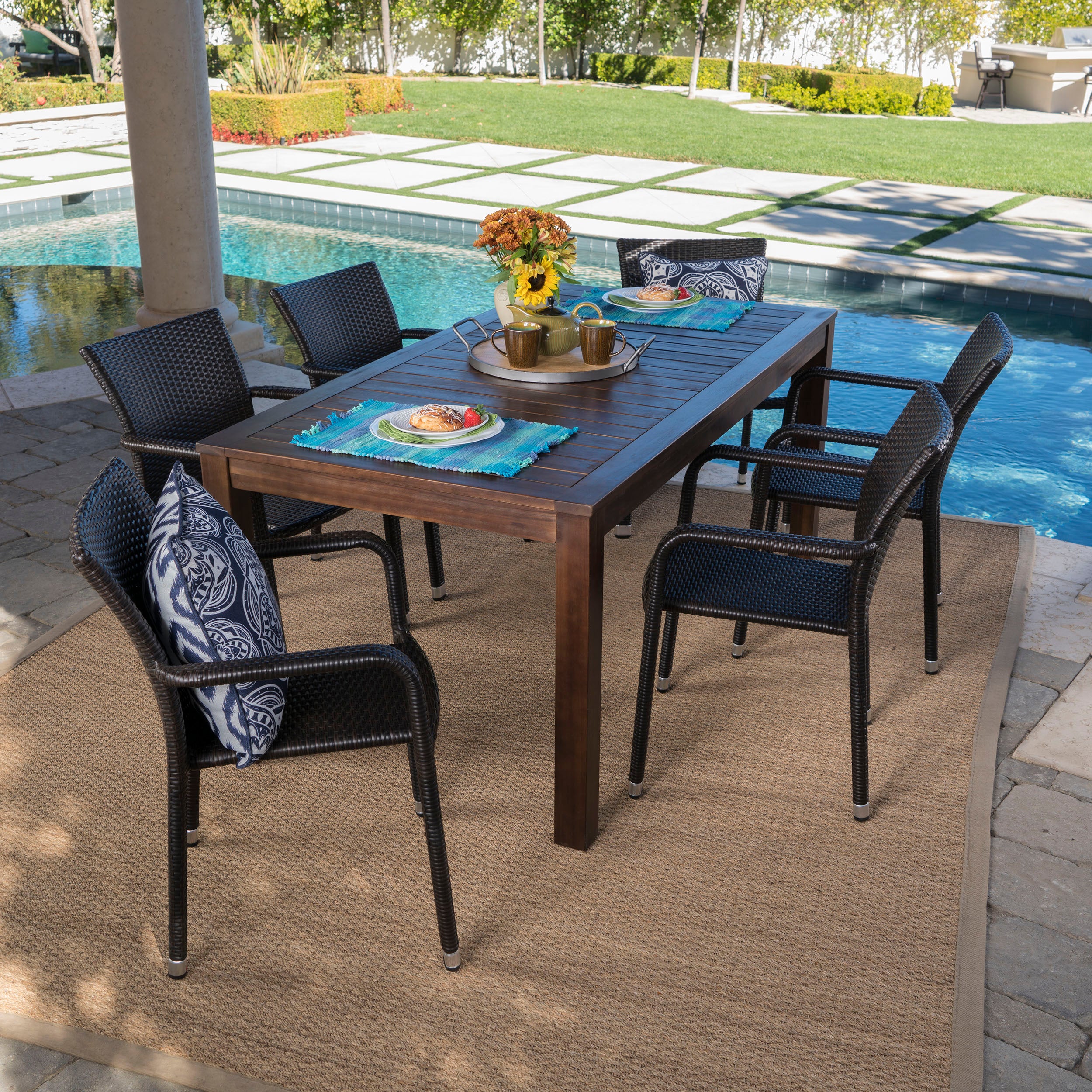 Netton Outdoor 7 Piece Dining Set with Dark Brown Finished Wood Table and Chairs