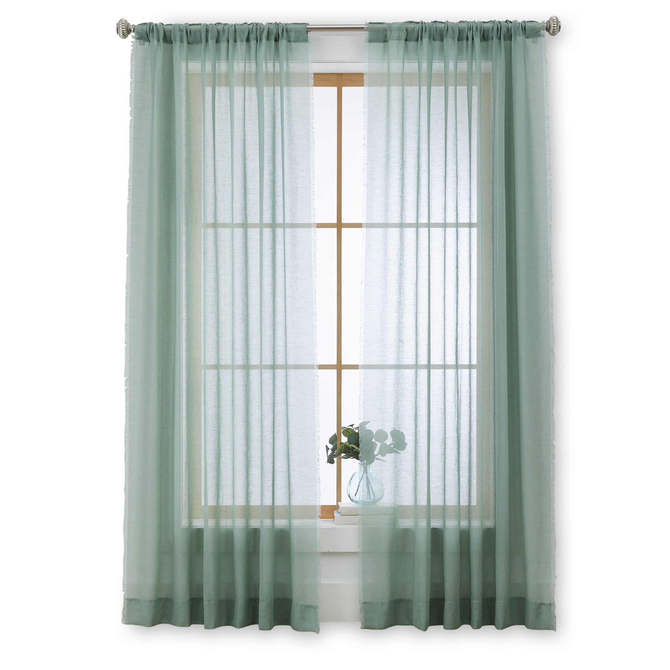 Better Homes & Gardens Solid Fringe 108Single Curtain Panel Green River , Polyester, Linen , Rod Pocket , Sheer