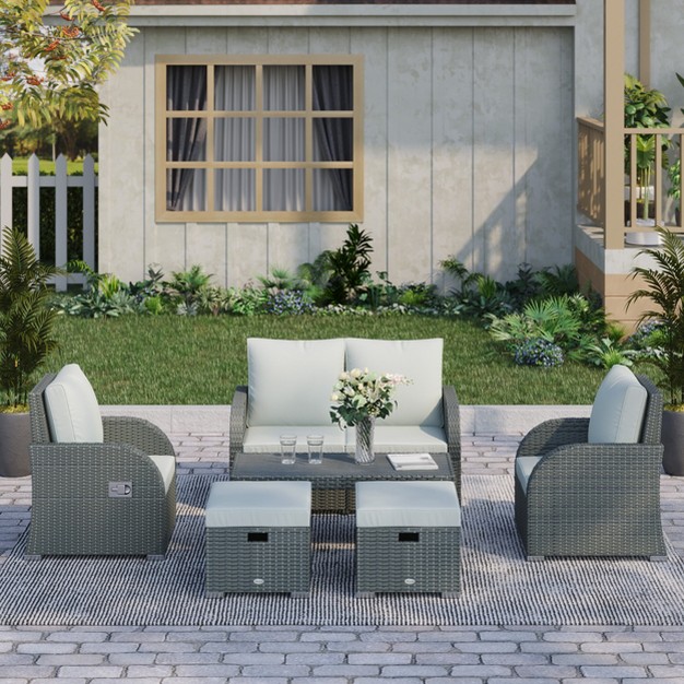 Outsunny 6 pcs Patio Furniture Sets Outdoor Wicker Sofa Set Rattan Recline Single Chair Conversation Set Ottomans Table Cushions