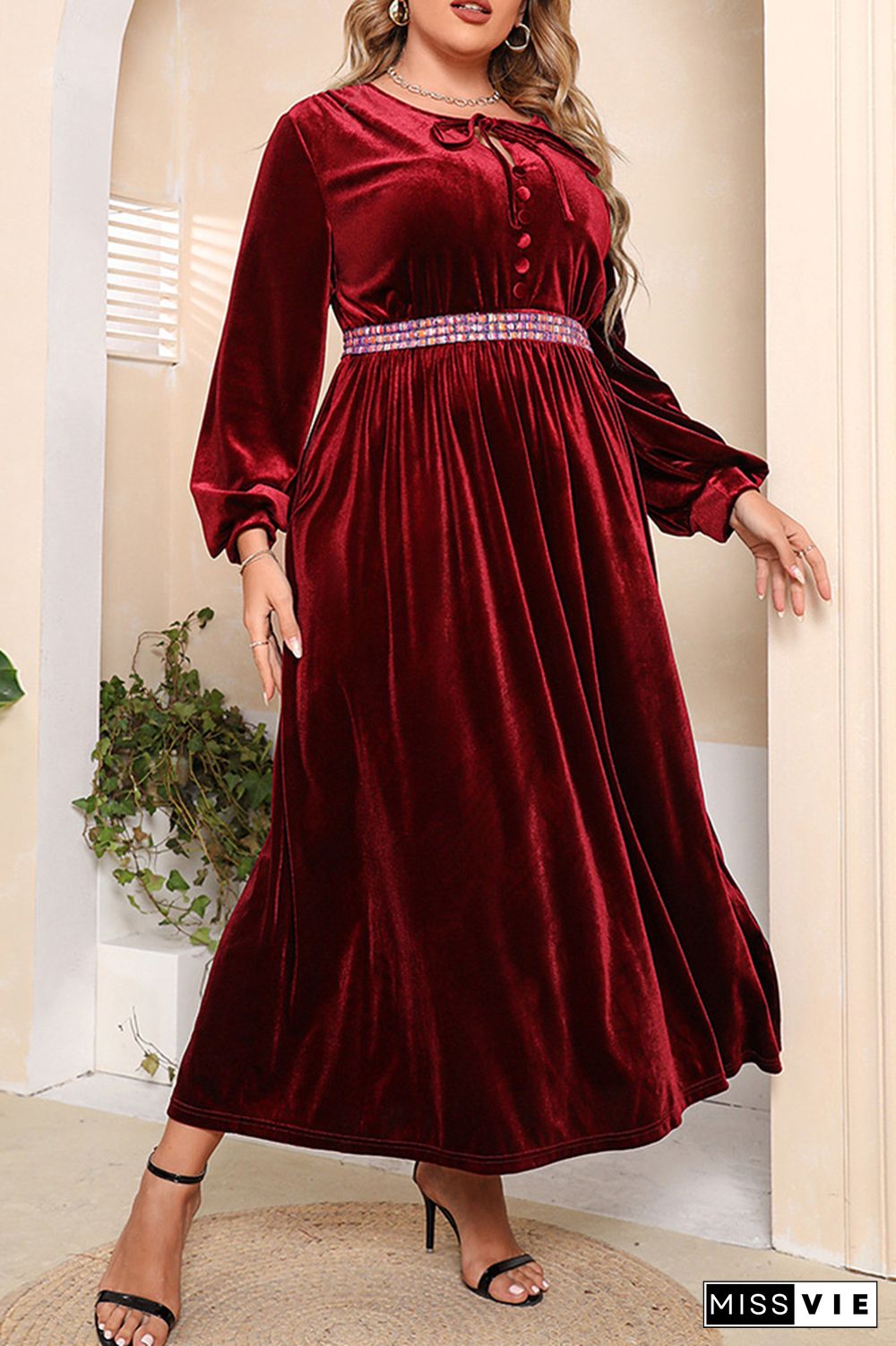 Plus Size Wine Red Pleated Velvet Dress