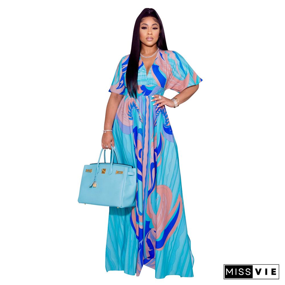 V Neck Print Holiday A-line Short Sleeve Maxi Dresses