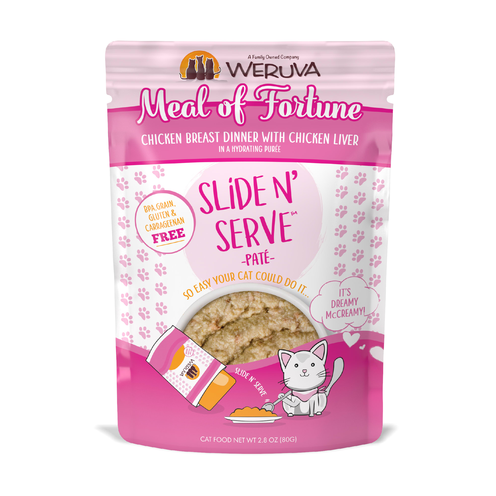 Weruva Pate Meal of Fortune Chicken Breast Dinner with Chicken Liver in a Hydrating Puree Wet Cat Food， 2.8 oz.， Case of 12