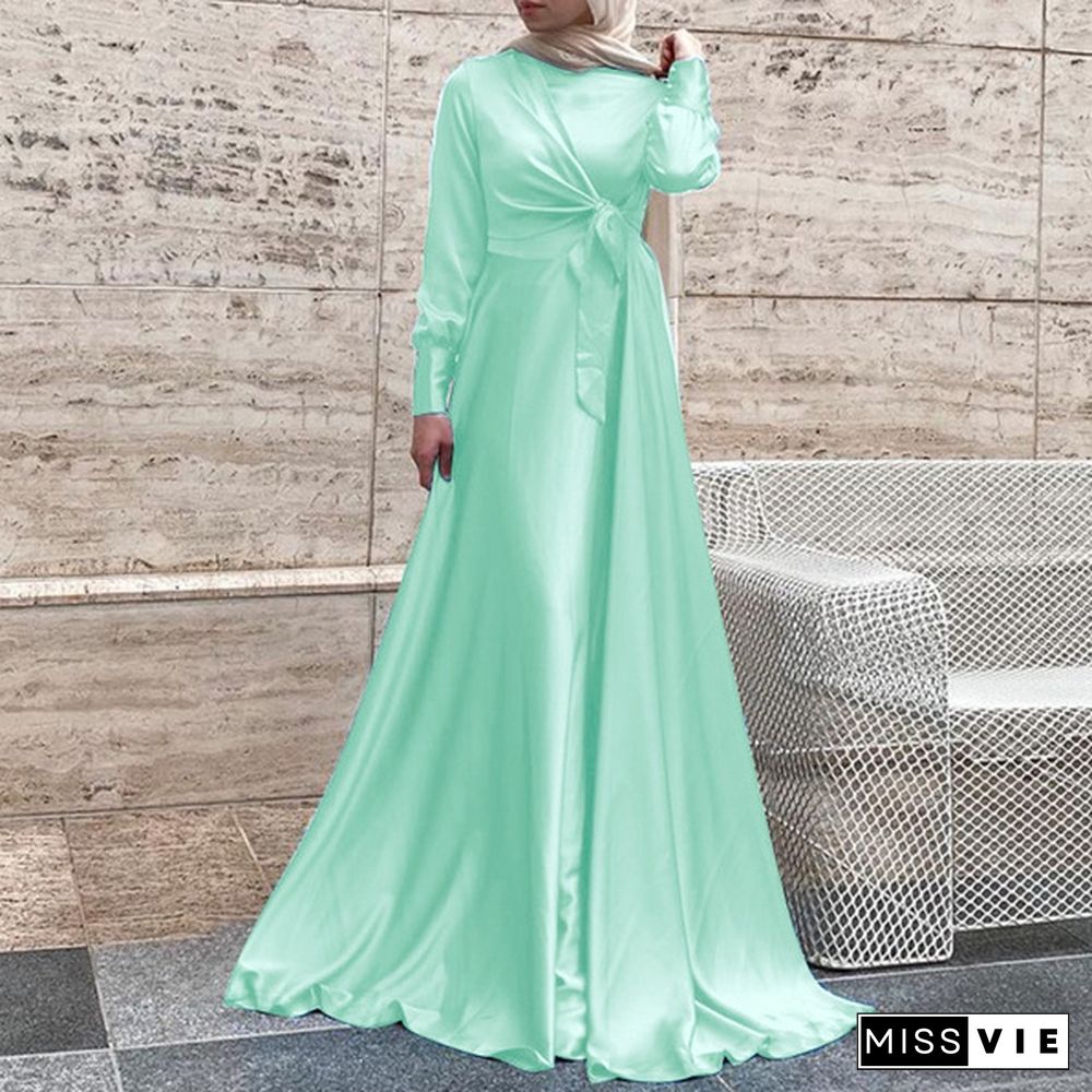 Women Fashion Kaftan Solid Party Elegant Slim Full Sleeve Muslim Lace Wedding Bohemian Long Maxi Shirt Dress