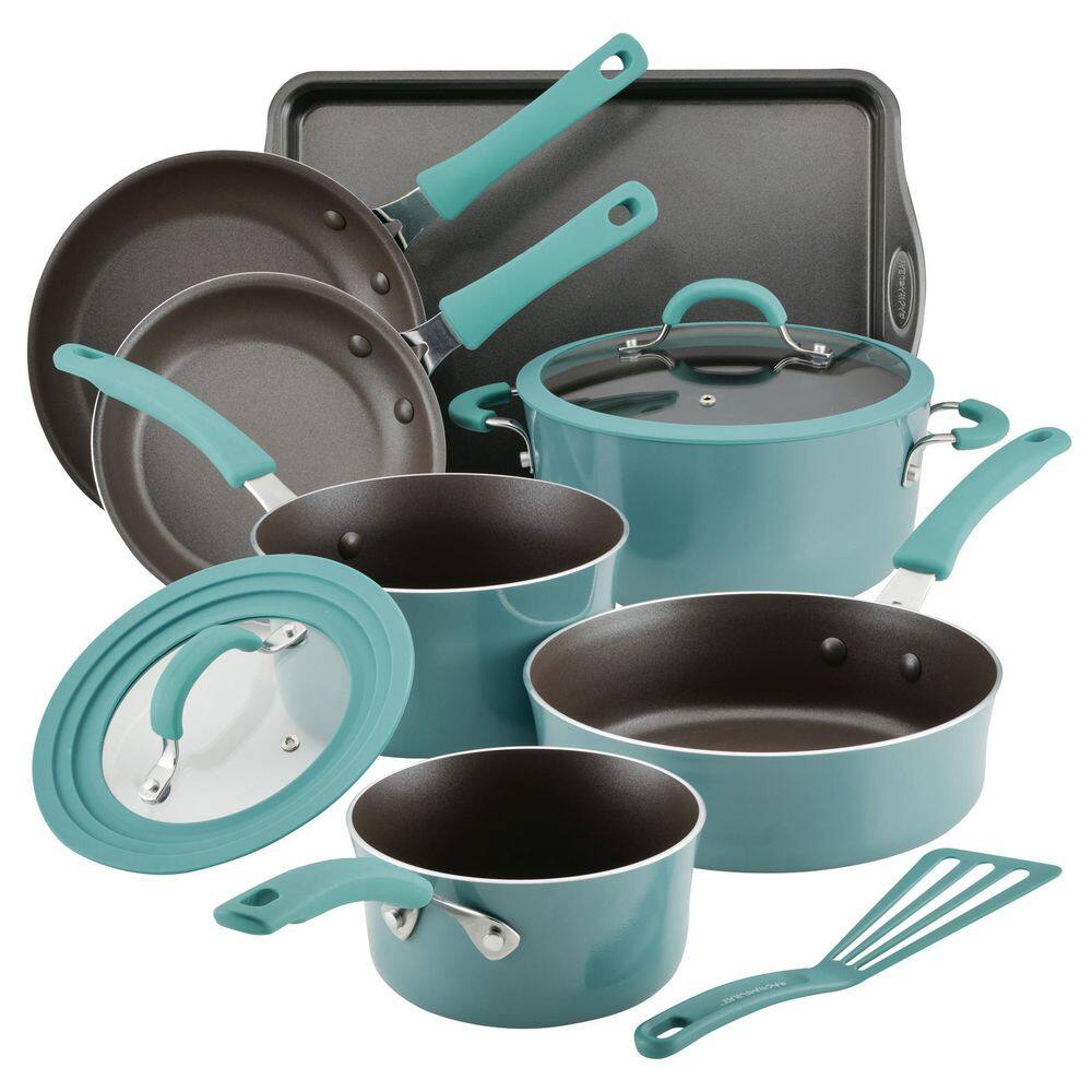 Rachael Ray Cook Plus Create 10-Piece Agave Blue Aluminum Nonstick Cookware Set with Lids 14748