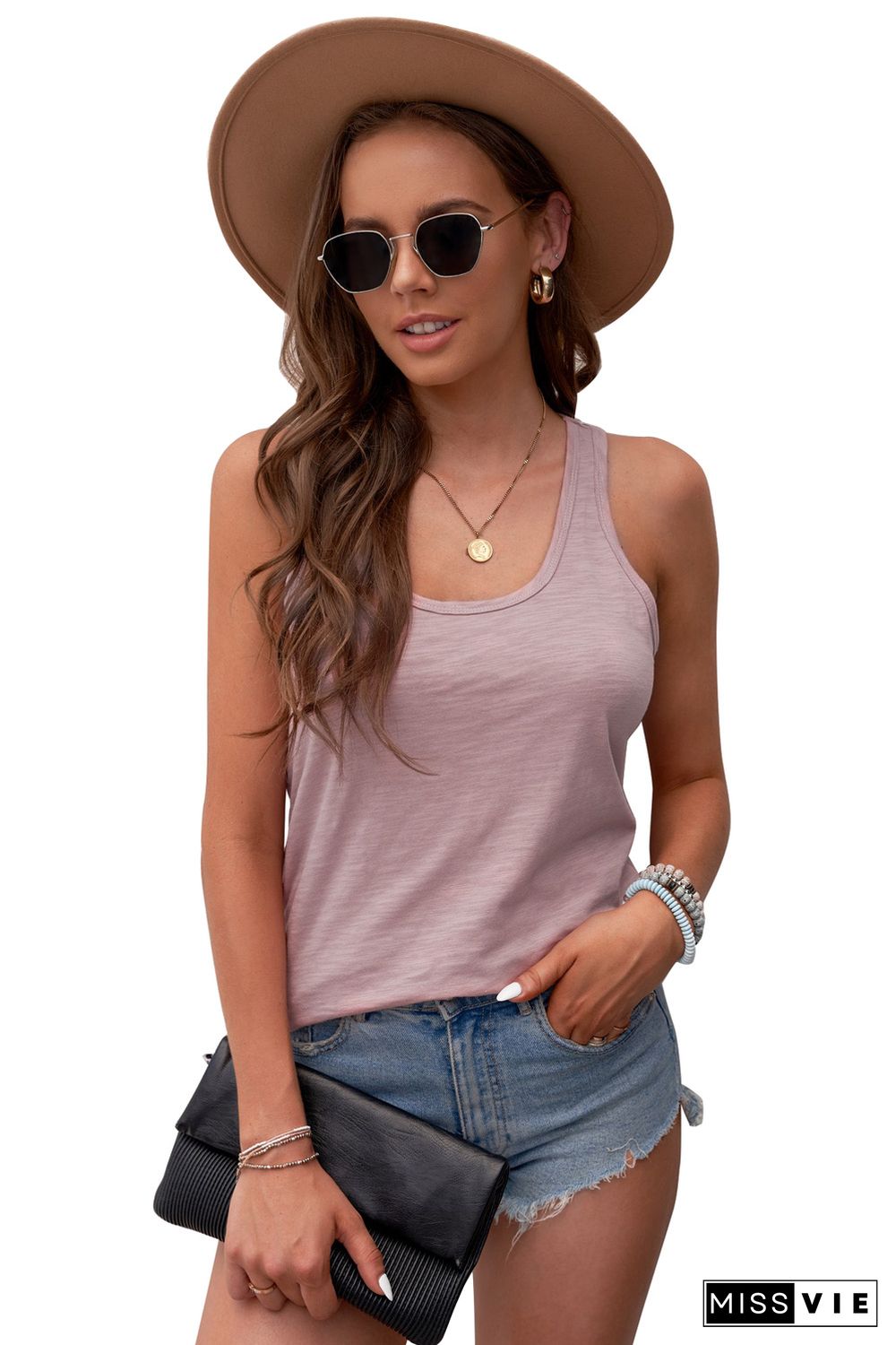 Pink Scoop Neck Basic Solid Tank Top