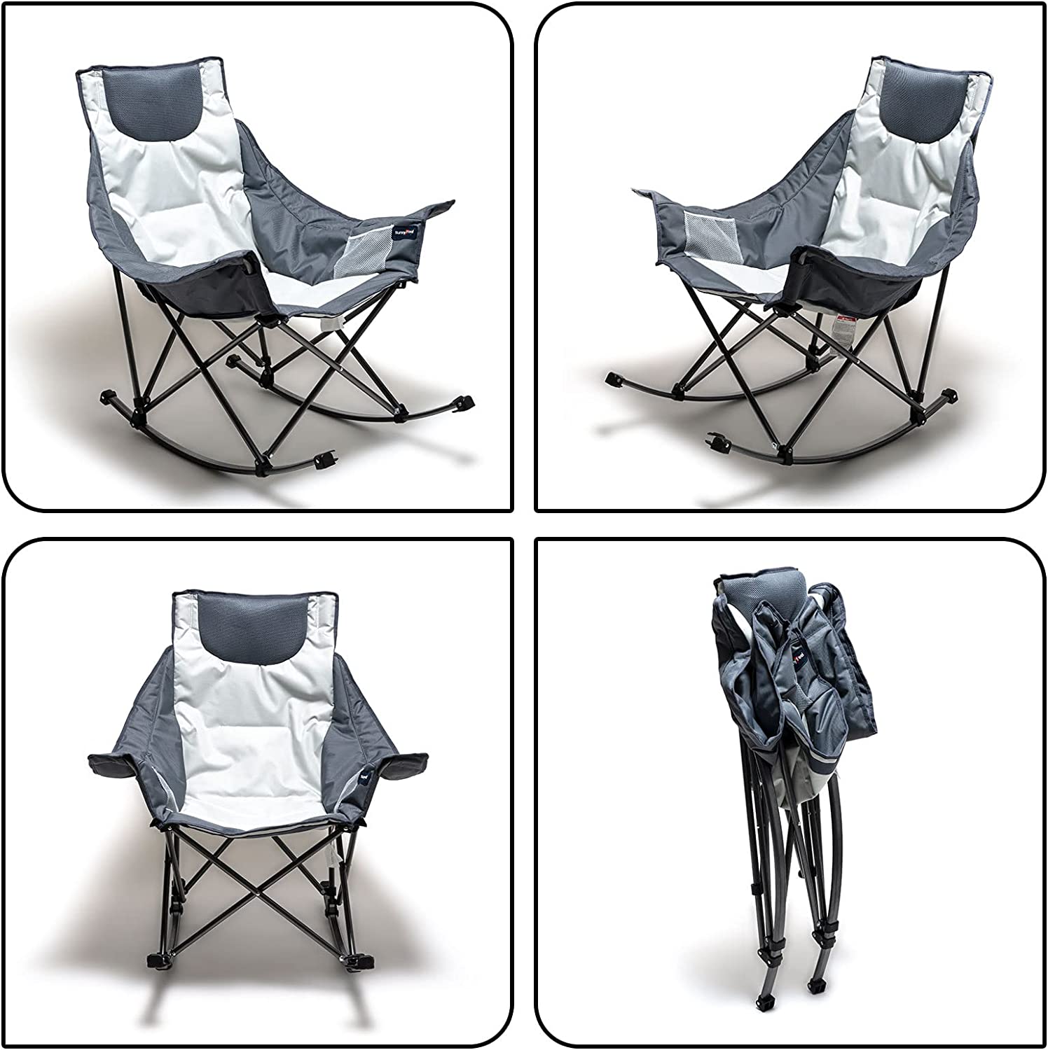 Sunnyfeel Camping Rocking Chair for Adults, Luxury Padded Recliner, Oversized Folding Rocker Lawn Chair (Light Gray)