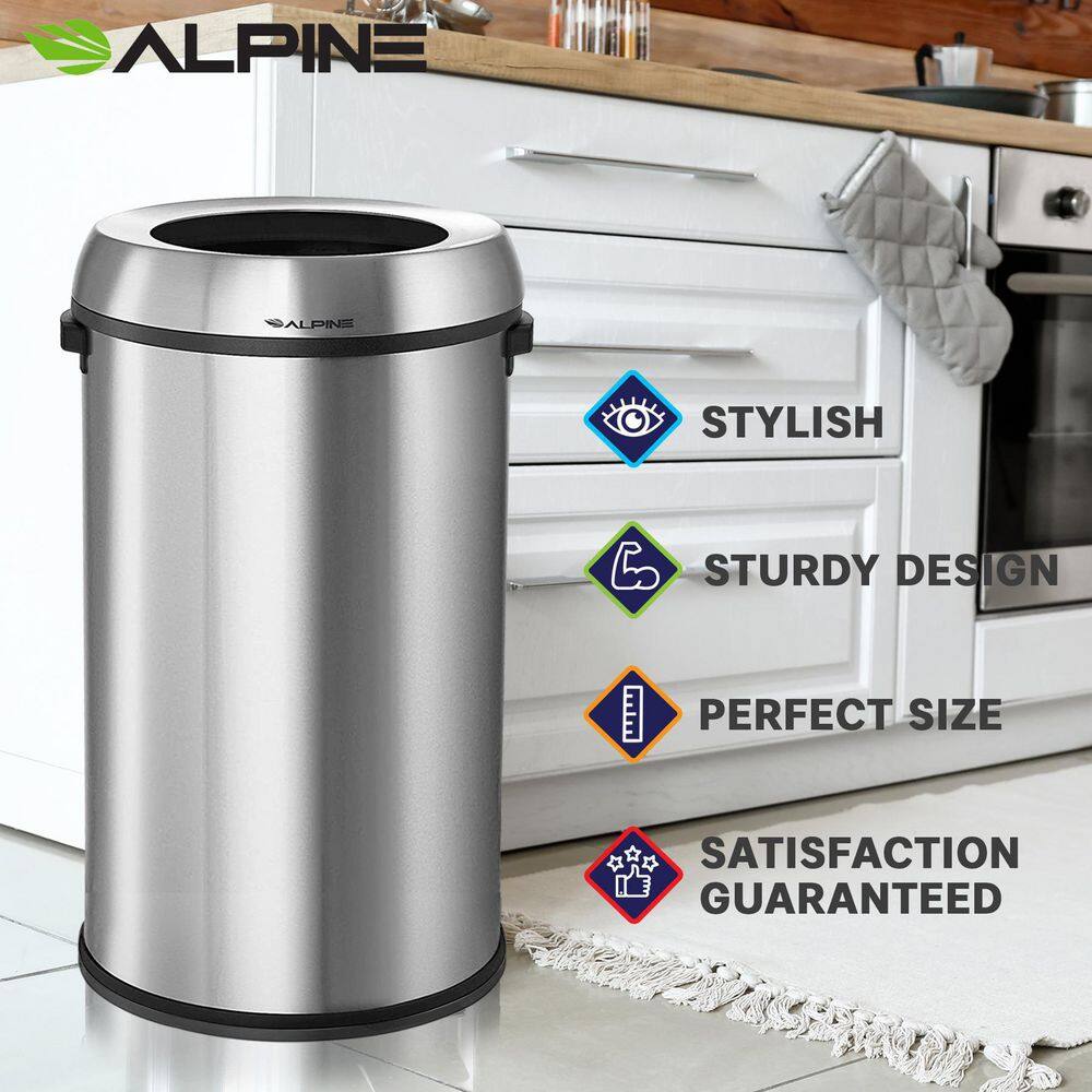 Alpine Industries 17 Gal. Stainless Steel Heavy-Gauge Brushed Open Top Commercial Trash Can (2-Pack) 470-65L-2PK