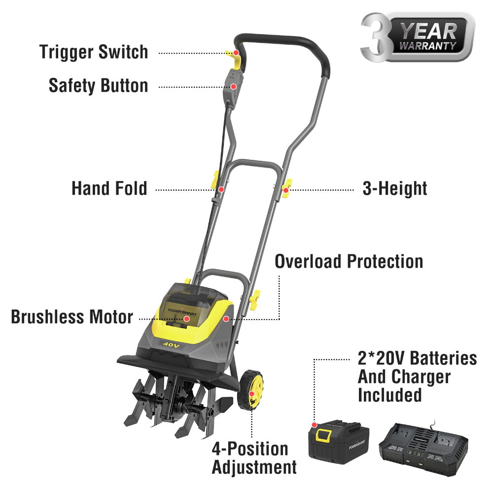 PowerSmart 40V 12 inch Cordless Garden Tiller/Cultivator , 2 x 4.0Ah Battery and Charger Included