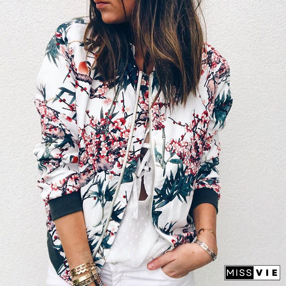 Women Jackets Retro Floral Printed Ladies Zipper Up Bomber Outwear Spring Long Sleeve Short Thin Slim Casual Pocket Biker Coats