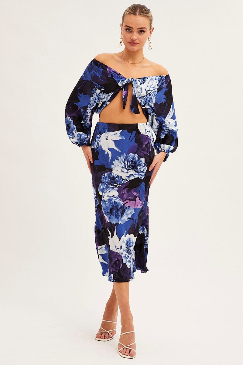 Abstract Print Slip Skirt Midi Satin