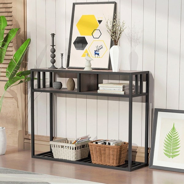 Oak Wood Console Table Metal Frame with Shelf - 39.8