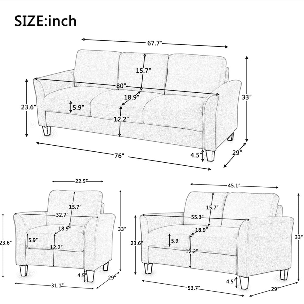 Classic Design Polyester Blend 3 Piece Sofa Set  Solid Wood Frame Living Room Set  Includes Loveseat  Armchair   3 Seat Sofa