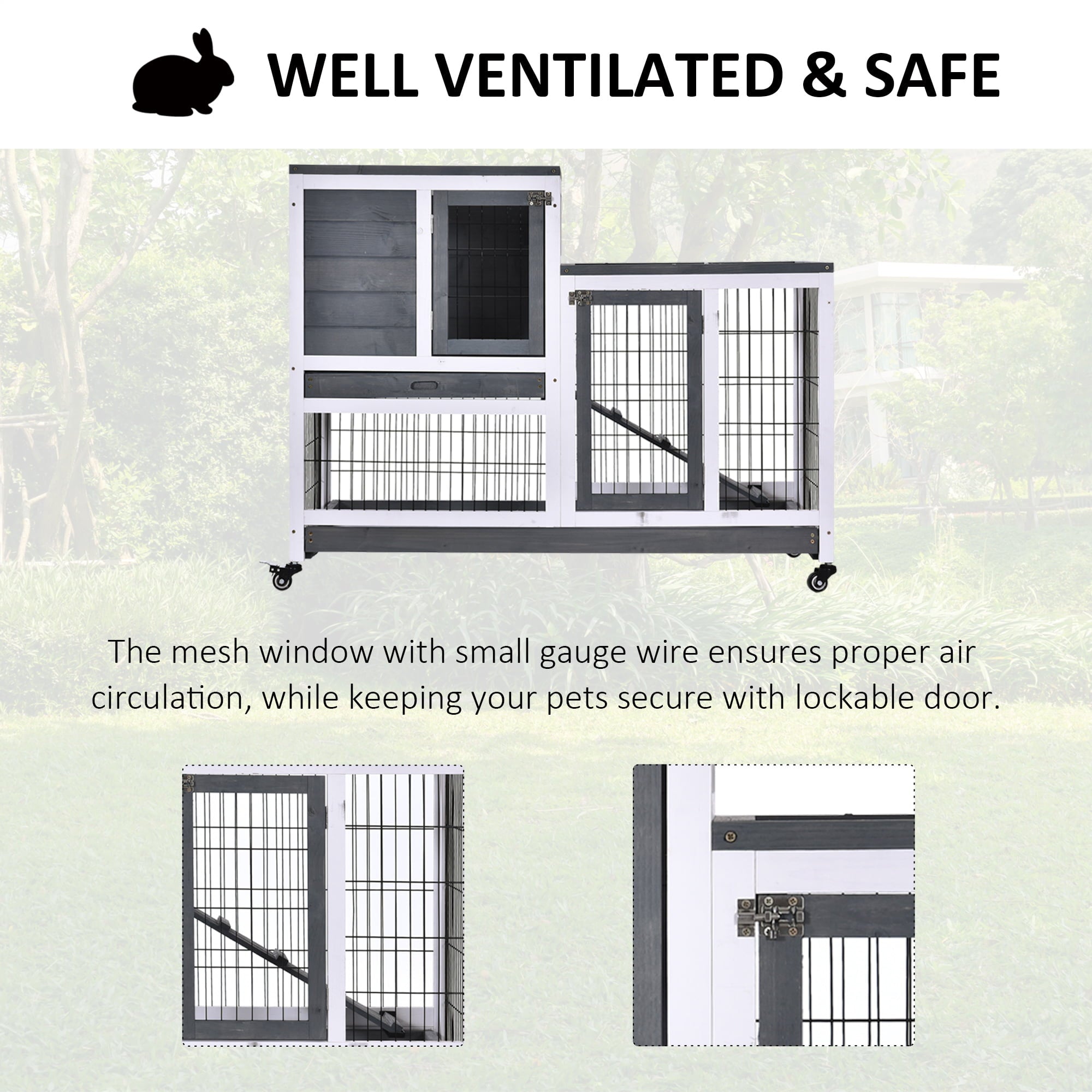 PawHut Wooden Indoor Rabbit Hutch Elevated Bunny Cage with Enclosed Run W/Wheel