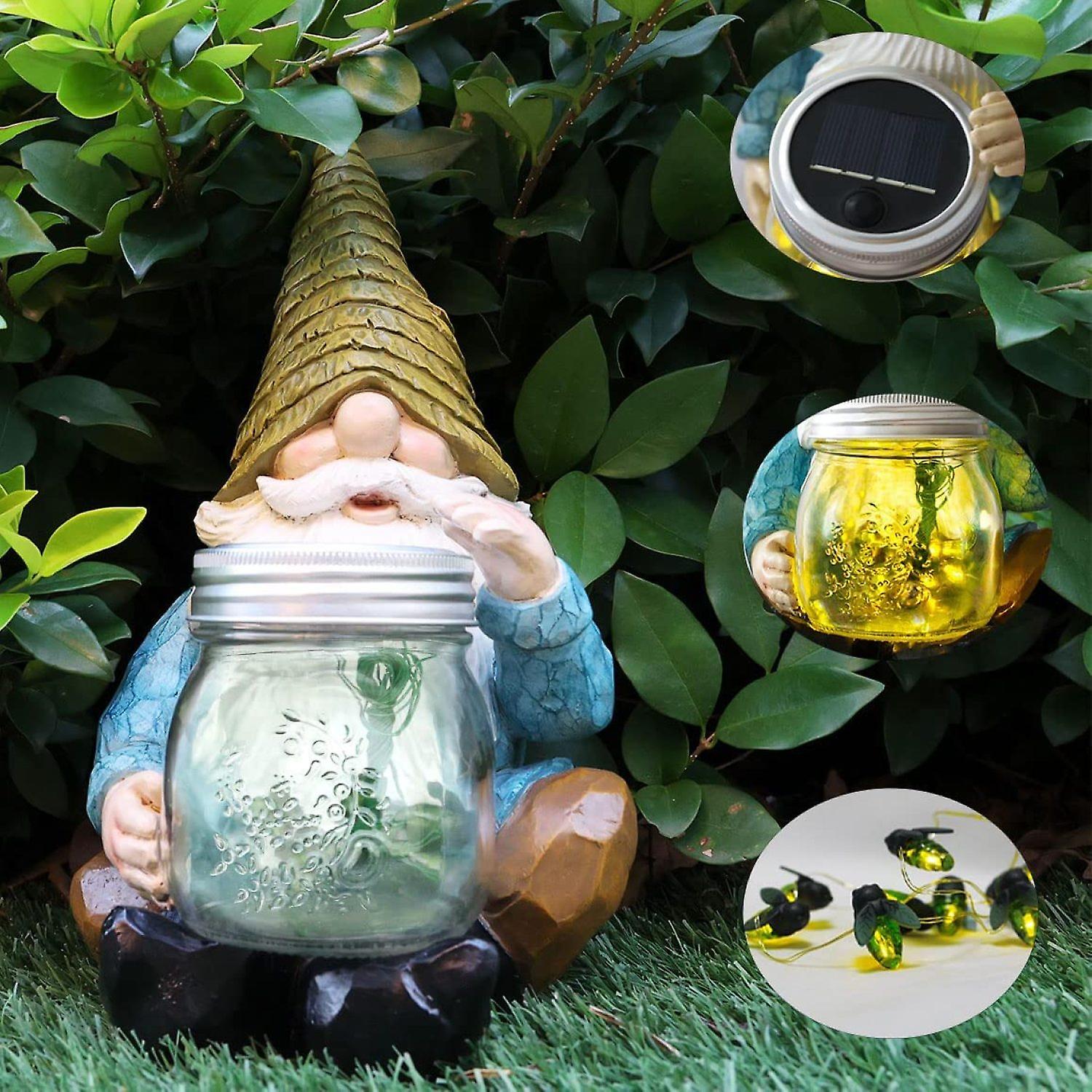 Dexusay Solar Firefly Jar Gnome Waterproof - Solar Outdoor Led Lights Resin Garden Gnome Statues Decor 10.4