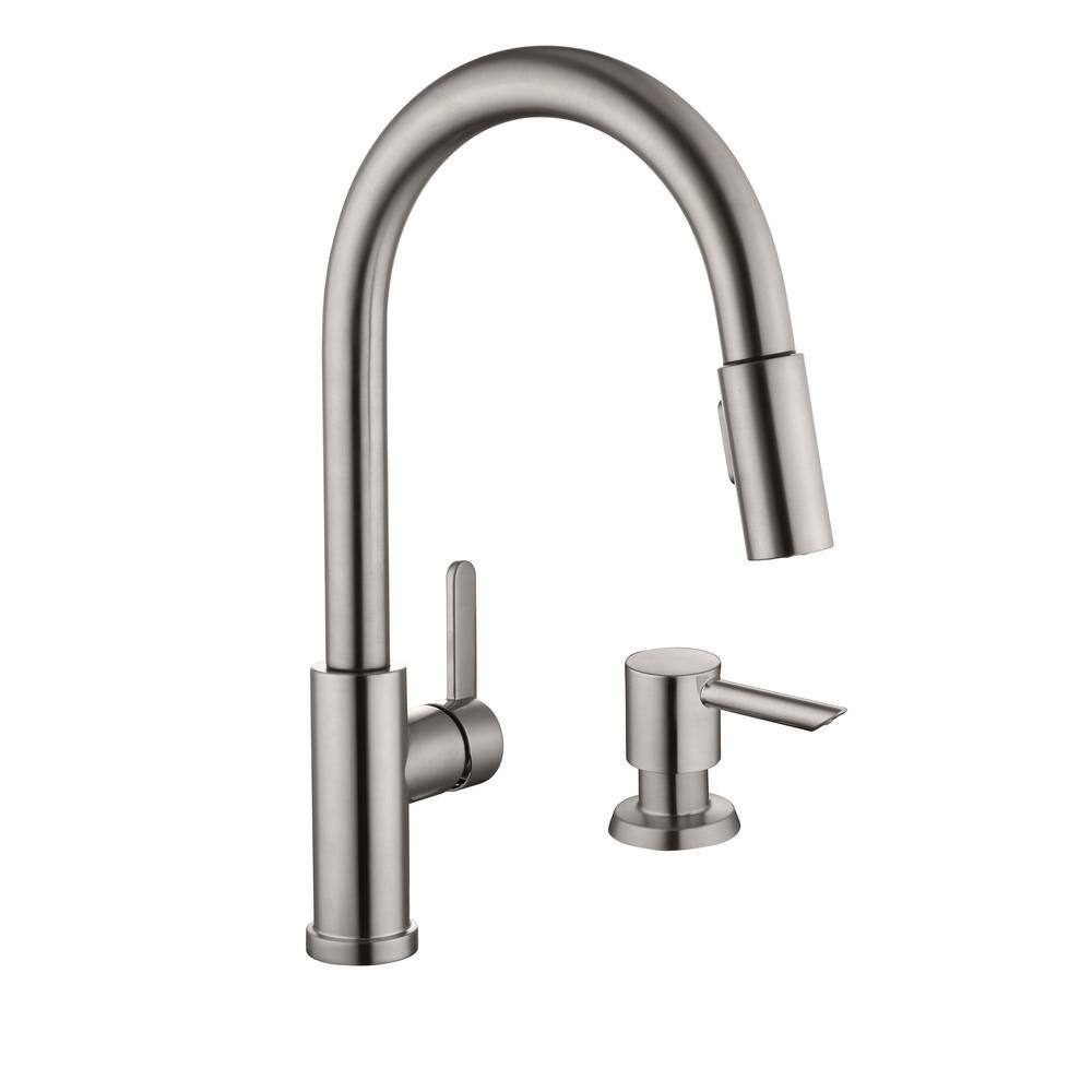 Glacier Bay Paulina Single-Handle Pull-Down Sprayer Kitchen Faucet with TurboSpray FastMount Soap Dispenser in Stainless Steel HD67780-1008D2