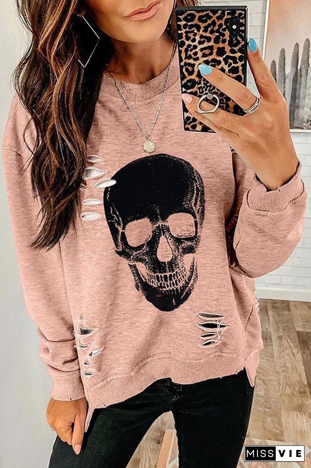 Casual Skull Print Hole Loose T-shirt