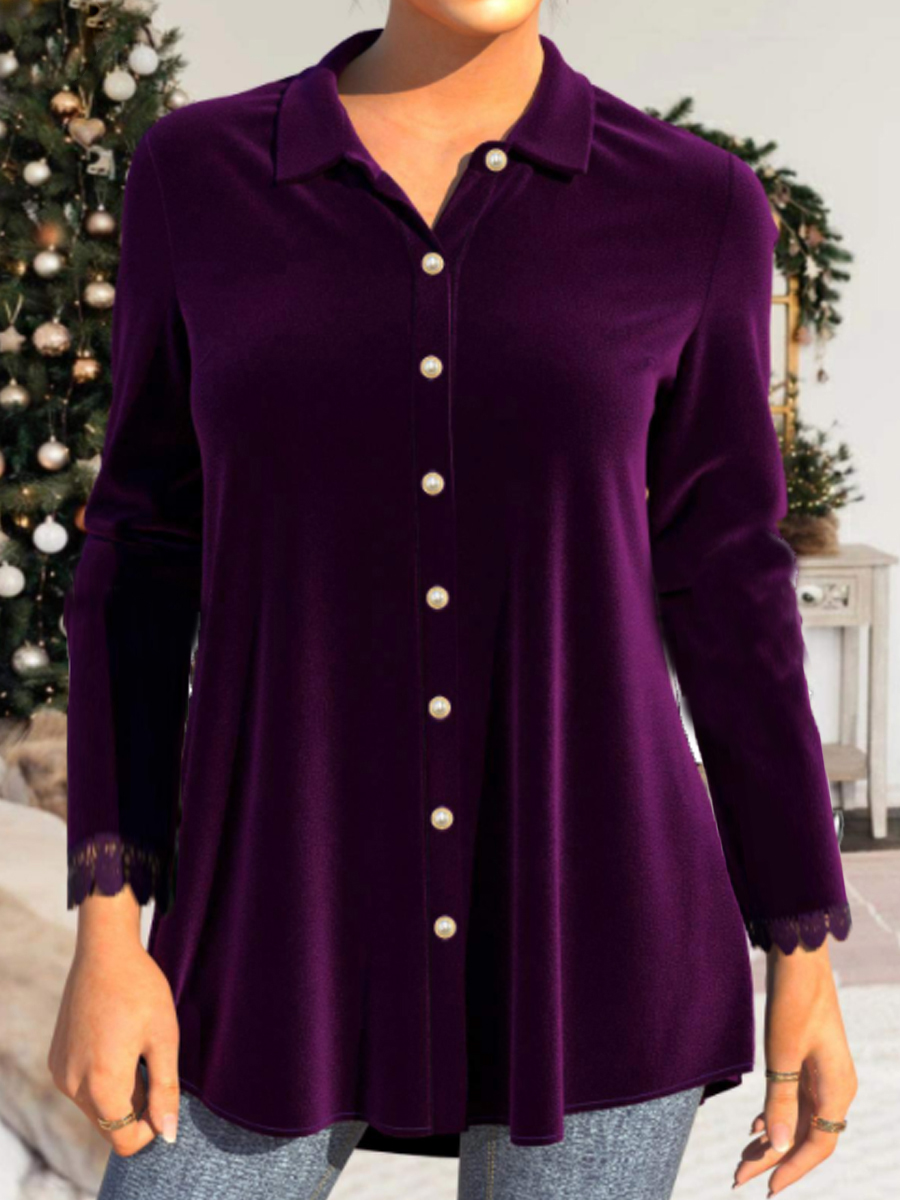 Pure Color Velvet Casual Long-sleeved Blouse