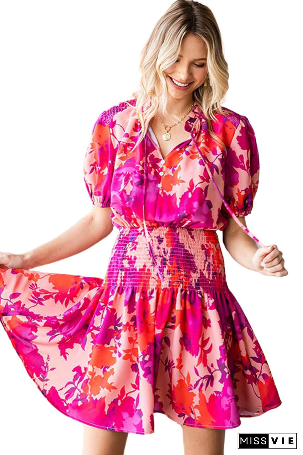 Rose Floral Smocked Waist Bubble Sleeve Flare Dress