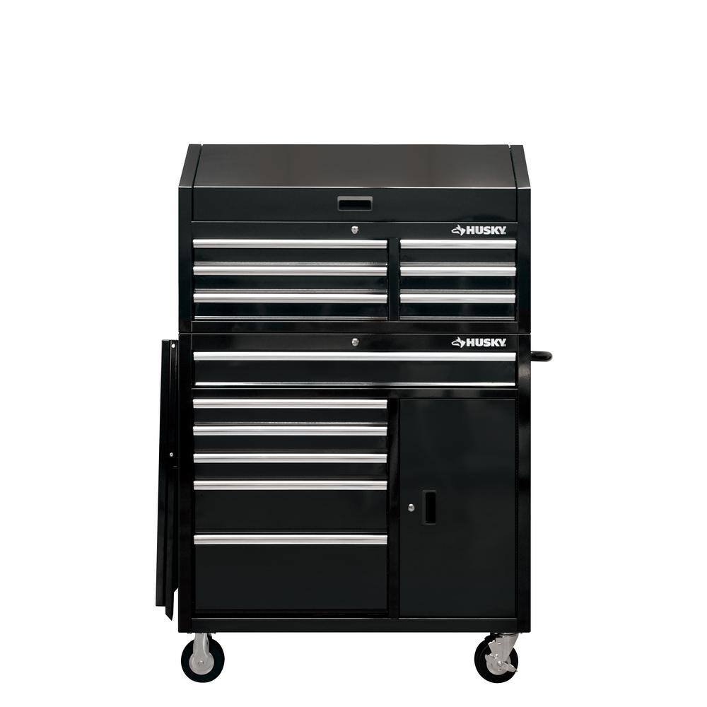 Husky 41 in. W x 24.5 in D Standard Duty 12-Drawer Rolling Tool Chest and Top Tool Cabinet with Side Table in Gloss Black HOTC4112B13S