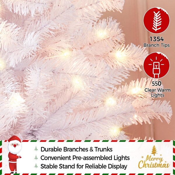 7.5ft Prelit Spruce Artificial Hinged Christmas Pine Tree Prelighted Xmas Tree with 550 Warm White Lights and 1354 Branch Tips