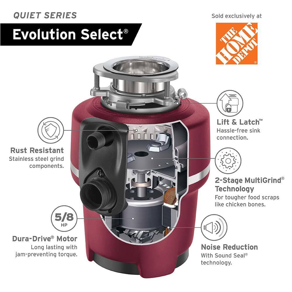 InSinkErator Evolution Select Lift  Latch Quiet Series 58 HP Continuous Feed Garbage Disposal w Power Cord  Extended Sink Flange SELECT WCDK WFLG-SSLG