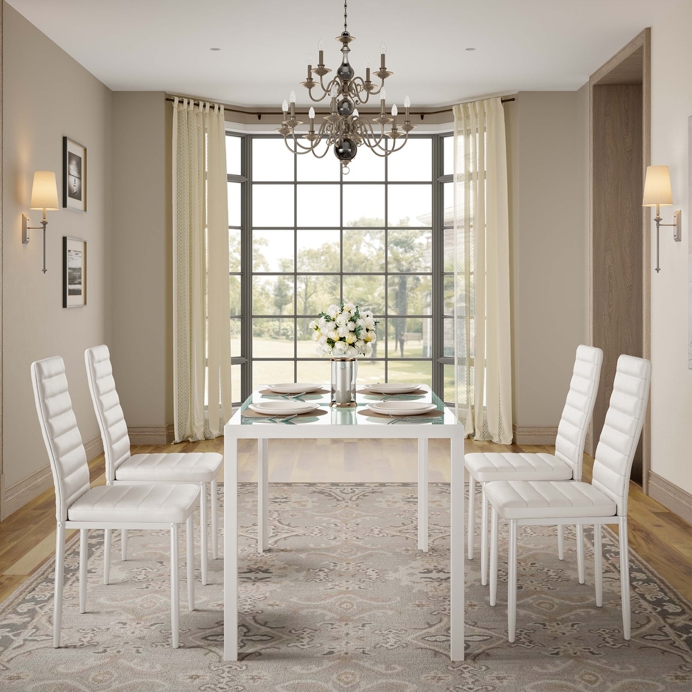 5 Piece Glass Dining Table Set for 4 with High Back PU Leather Chairs White