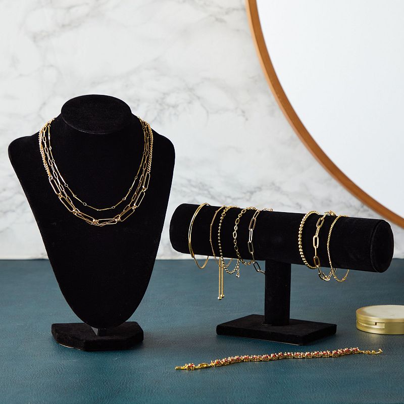 2 Piece Black Velvet Jewelry Display Set， T-Bar Stand and Mannequin Bust for Necklaces， Bracelets， Earring Holder