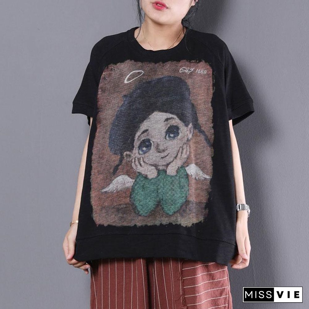 vintage pure cotton tops oversized Loose Cartoon Printed Short Sleeve Black T-shirt