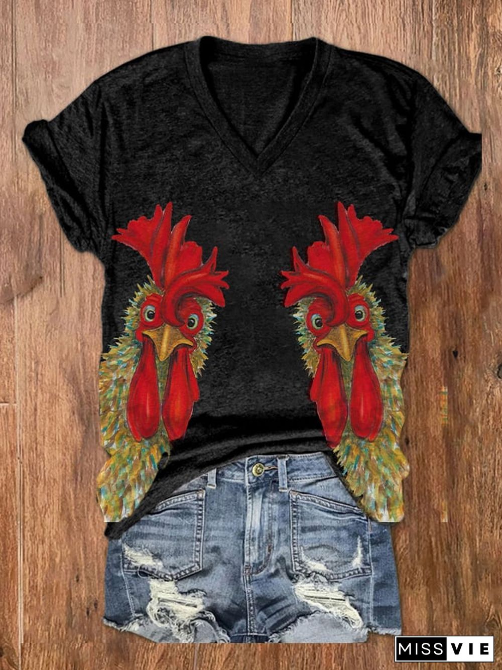 Women's Chicken Print V-Neck Short Sleeve T-Shirt