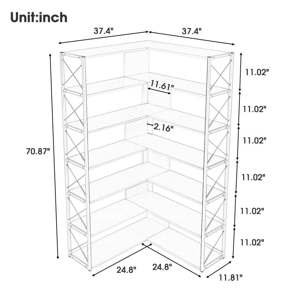 Angel Sar 37.40 in. Wide Golden and White Wood 7-Tier L-Shaped Bookcase Corner Bookcase with Metal Frame AD000273