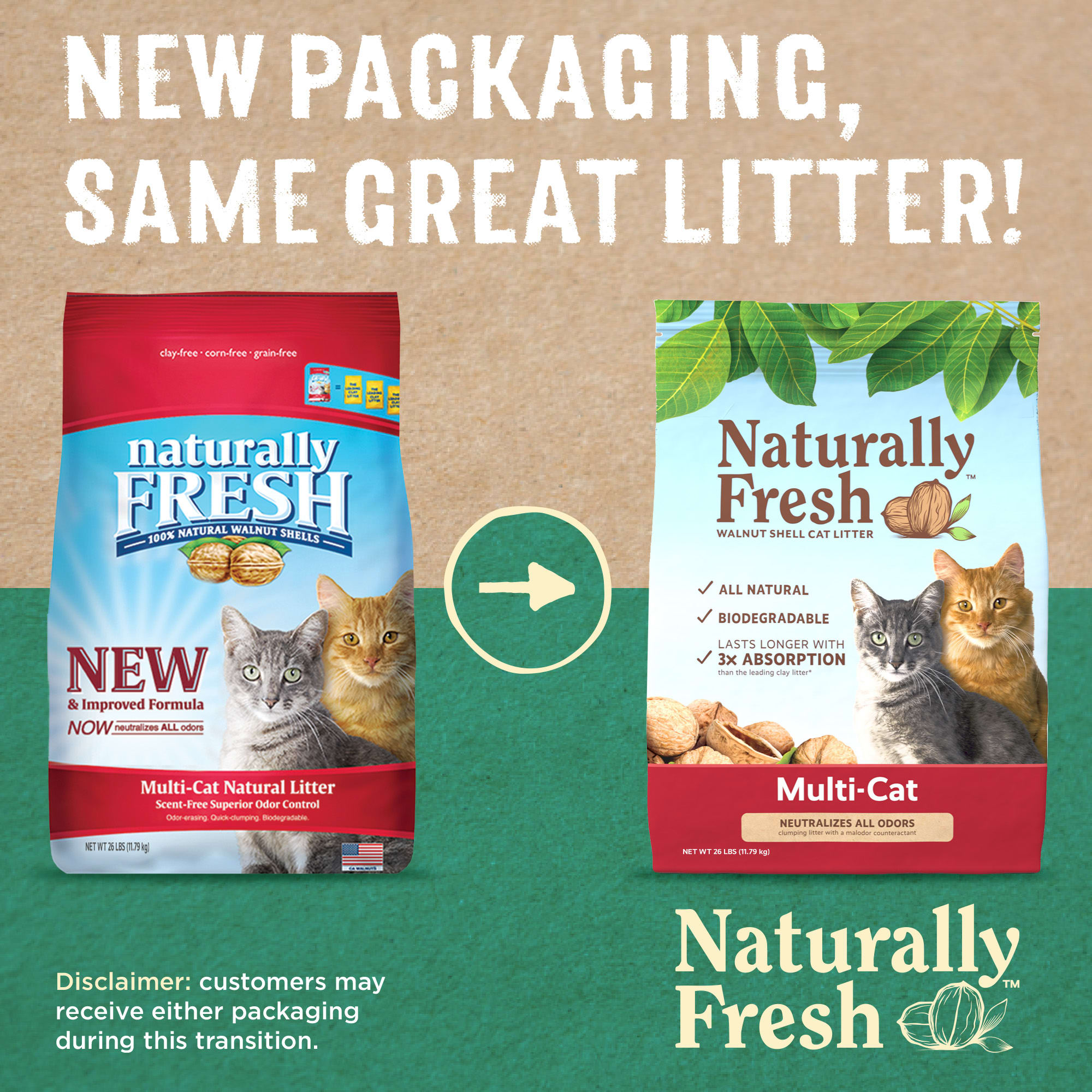 NATURALLY FRESH Quick-Clumping Natural Multi-Cat Walnut Cat Litter， 26 lbs.