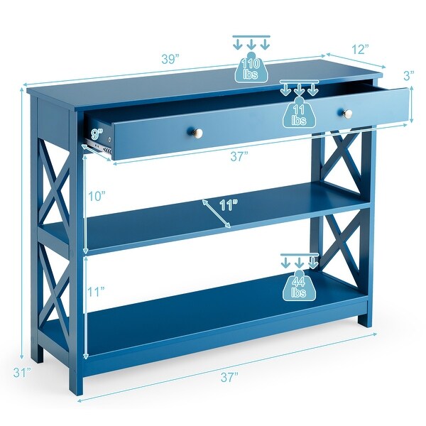 Costway 3-Tier Console Table X-Design Sofa Entryway Table with Drawer