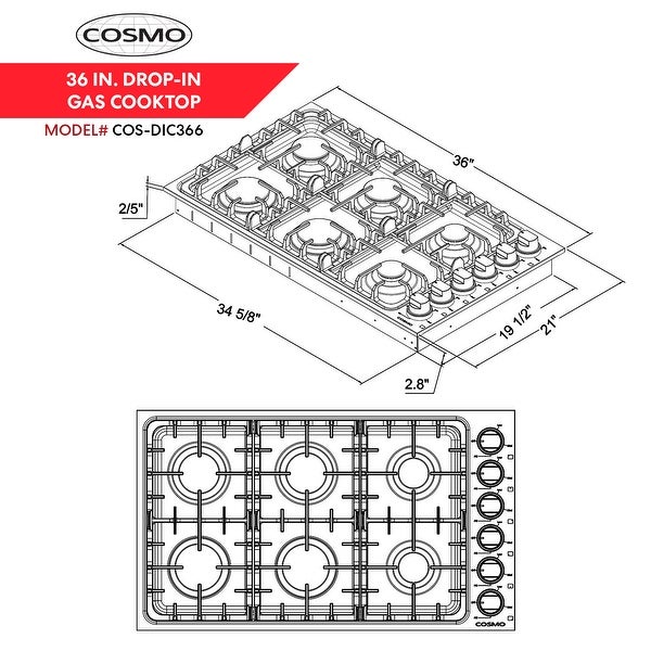 36 in. Gas Cooktop in Stainless Steel with 6 Italian Made Burners - 36 in.