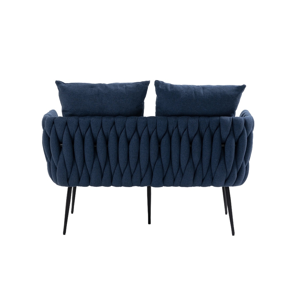 Modern Hand Woven Upholstered Sofa Chair  Navy Linen Accent Chair  Living Room Lounge Armrest Sofa with Metal Frame