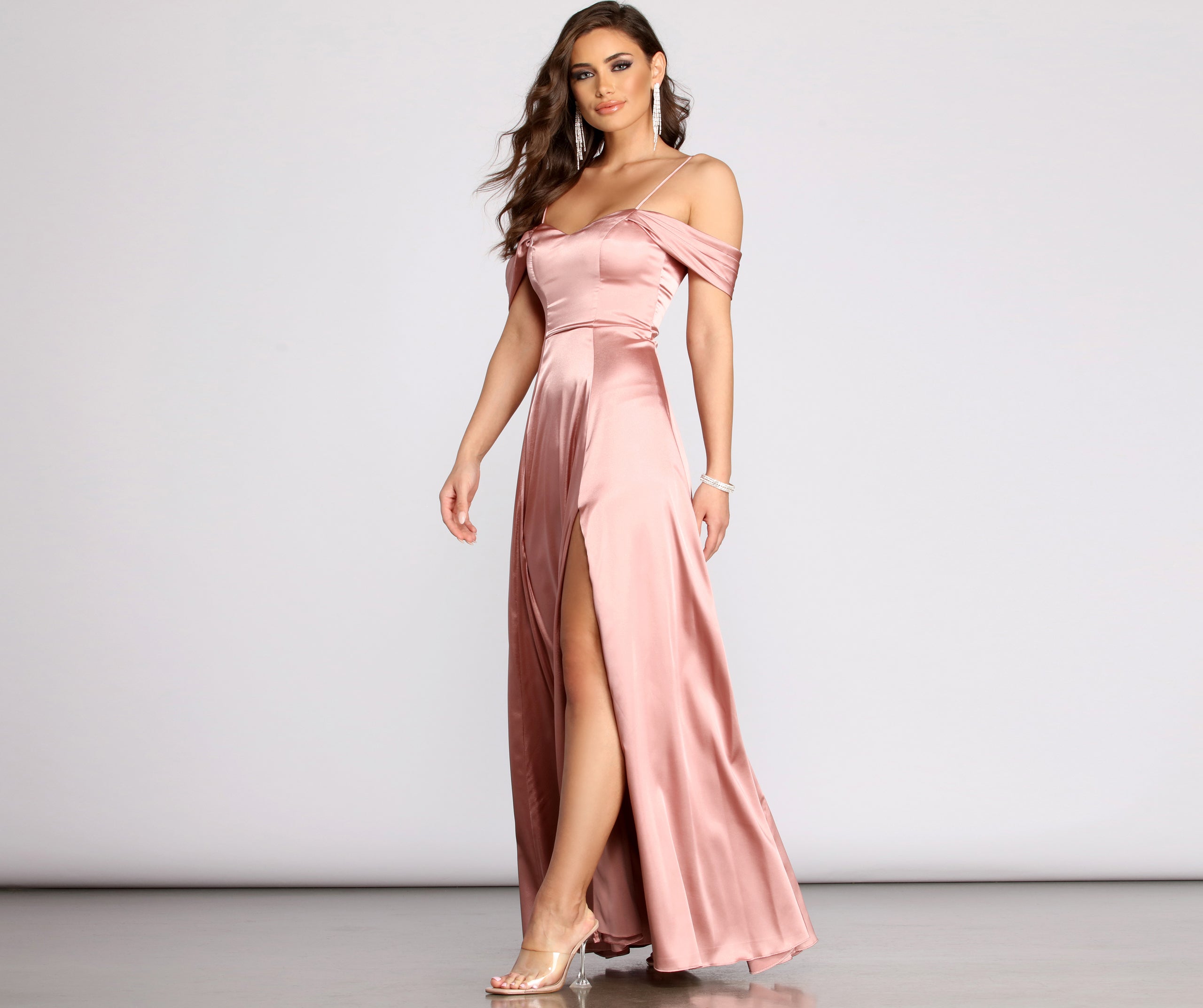 Cassia Lace-Up Back Off Shoulder Satin Dress