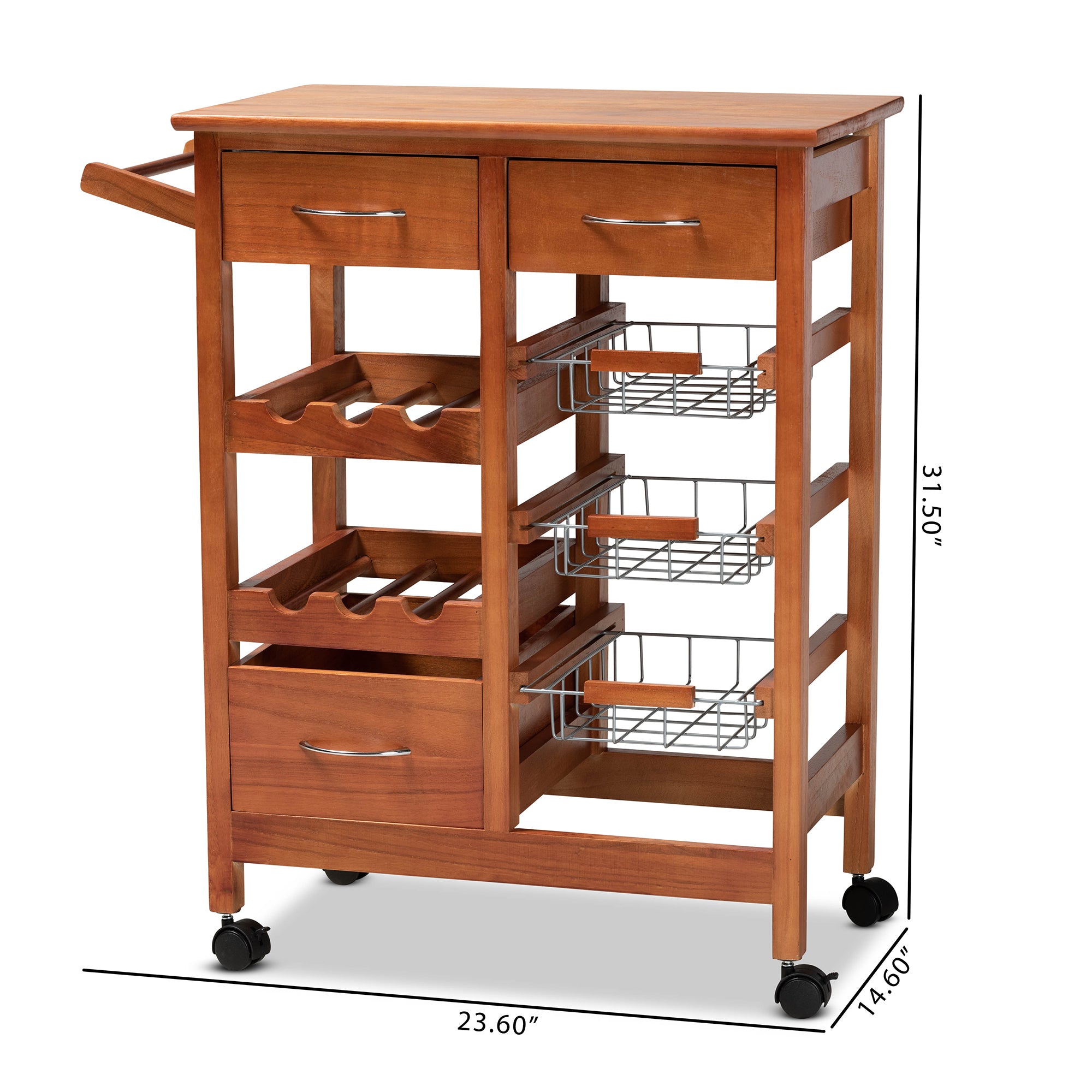 Baxton Studio Crayton Modern and Contemporary Oak Brown Finished Wood and Silver-Tone Metal Mobile Kitchen Storage Cart