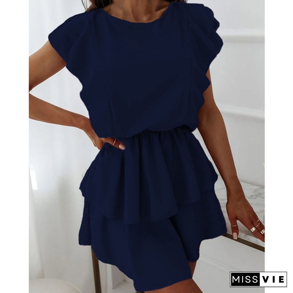 Summer Women's Fashion Solid Color Mini Dress O-Neck Ruffle Short Sleeve Dresses