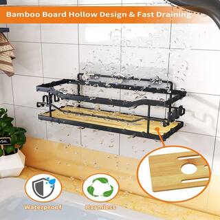 Dracelo 2-Pack Matte Black Stainless Steel Bathroom Adhesive Shower Caddy Shelf with 12 Hooks B09VZ1S2WJ