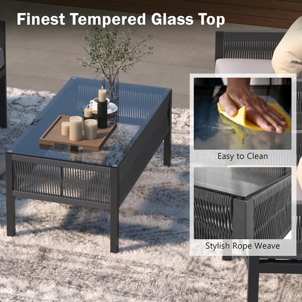 4Pieces Rope Outdoor Furniture Set with Glass Table