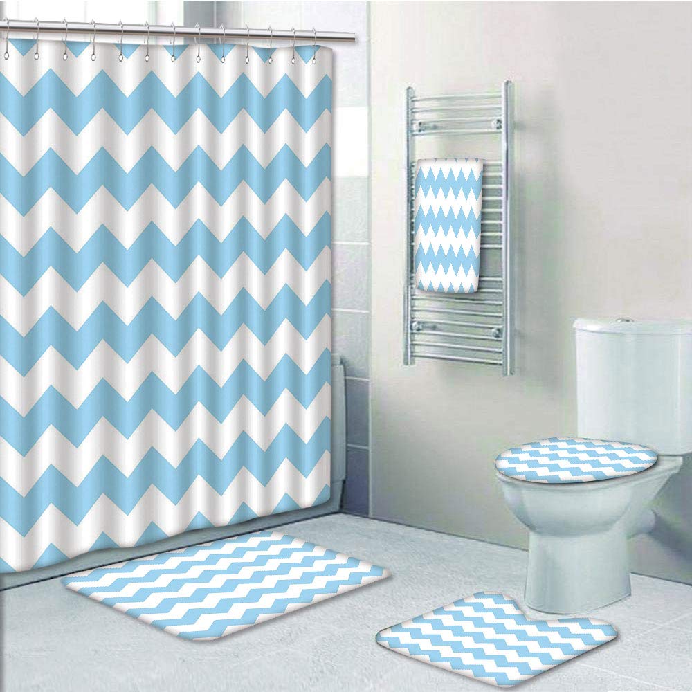 PRTAU Old Fashioned Classic Chevron Zigzags Baby Kids Room Nursey Tile 5 Piece Bathroom Set Shower Curtain Bath Towel Bath Rug Contour Mat and Toilet Lid Cover