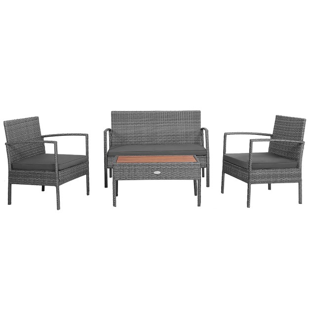 Costway 4pcs Patio Rattan Furniture Set Cushioned Chair Wooden Tabletop Gray