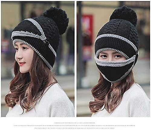 3pcs/set Fashion Women Winter Knitted Hat Thickened Woolen Cap With Warm Mask And Neck Scarf Black -