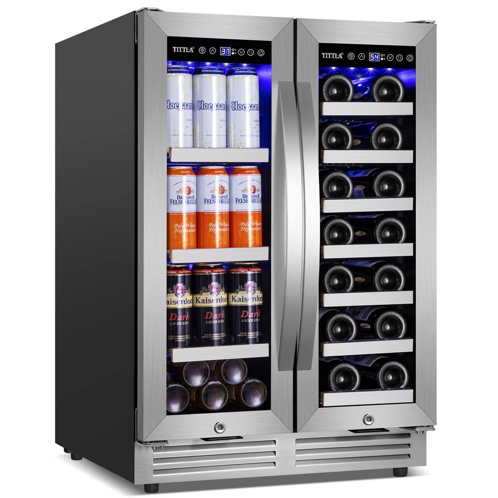 TITTLA 23.47 in. Dual Zone 18-Wine Bottles and 57-Cans Beverage and Wine Cooler in Silver Two Shape of Door Handles Blue LEDs KMYC120