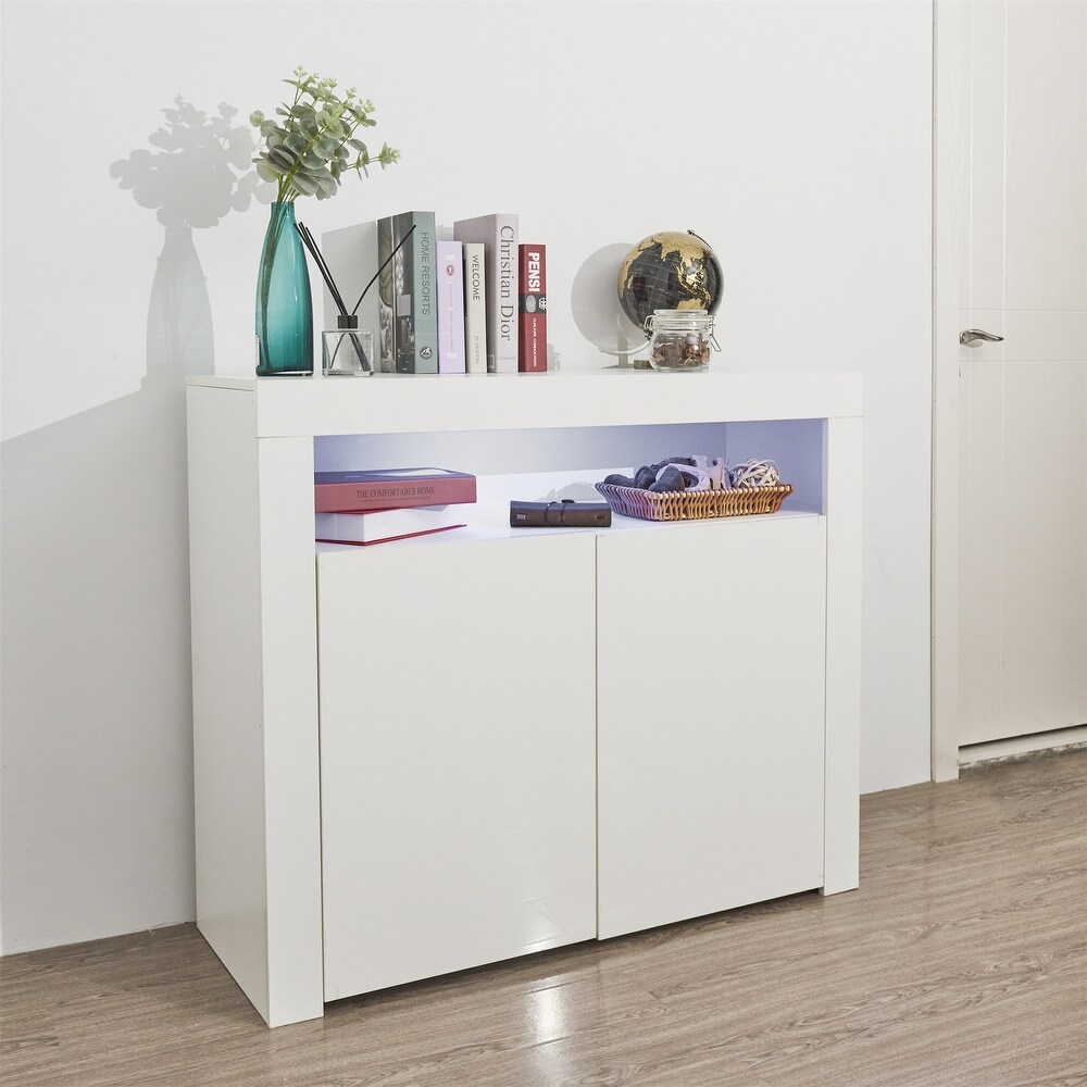 White Living Room Sideboard Storage Cabinet with LED Light