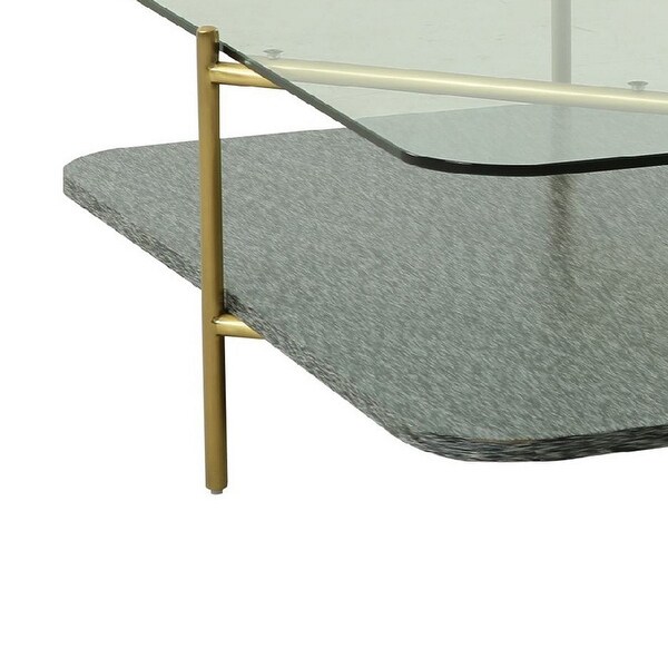 Cid Troy 43 Inch Modern Coffee Table， Glass Top， Gold Metal Legs， Gray