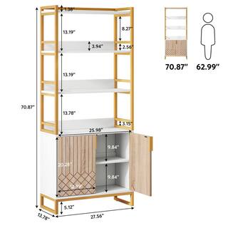 BYBLIGHT Eulas 28 in. Wide White 6 Shelf Cabinet Bookcase Gold Bookshelf with Doors Tall Modern Open Display Shelf BB-XK00200XF