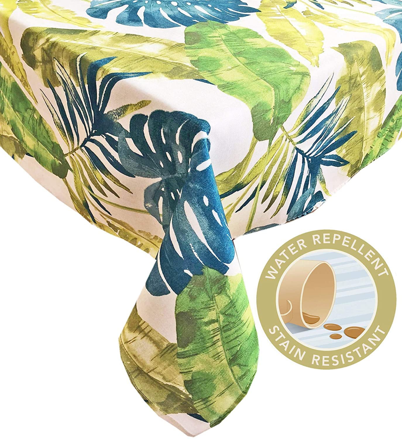 Newbridge Andros Mediterranean Tropical Leaves Indoor/Outdoor Heavy Weight Fabric Tablecloth for Patio， Picnic， BBQ and Kitchen Dining， 52 Inch X 52 Inch Square